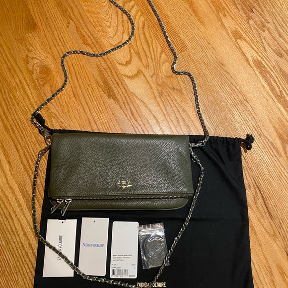 NWT Zadig & Voltaire Rock Leather Shoulder Bag in Kaki Green - Picture 3 of 10